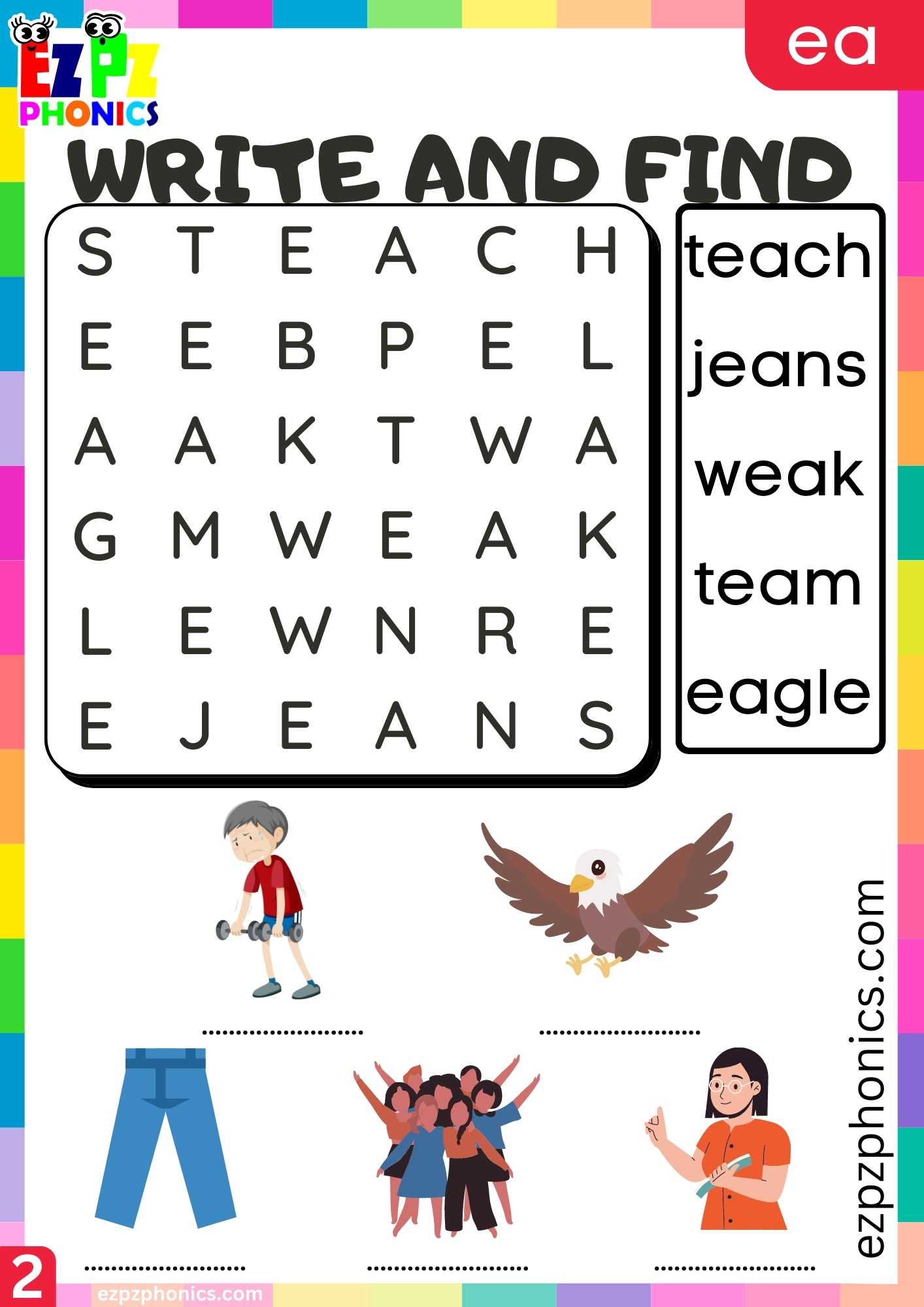 Group2 EA Words Write And Find Long E Phonics Worksheet